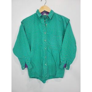 Sudden Impact Vintage Teal Floral Button Up Shirt Womens Medium‎ 100% Cotton